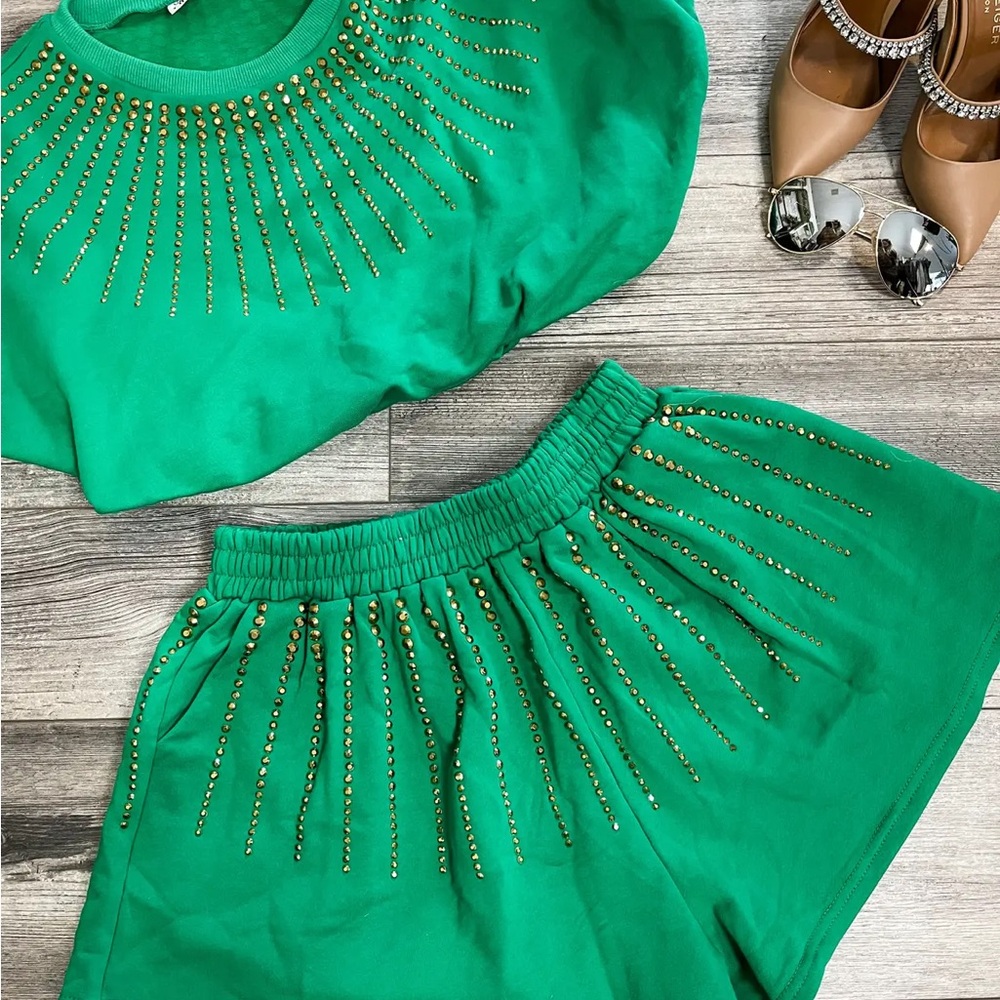 QUEEN OF SPARKLES Green bubble crop top with Gold Accents. TOP ONLY